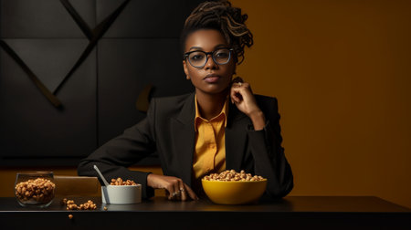 Joyful black girl with short haircut dressed in fashionable clothes and glasses poses in cafeteria makes photo of unusual salad with cell phone sits on couch People and e : Generative AIの素材