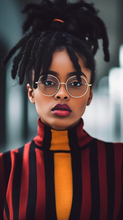 Horizontal shot of angry African American female curves lips and frowns eyebrows keeps hand under chin looks with discontent expression feels frustrated wears round glass : Generative AIの素材