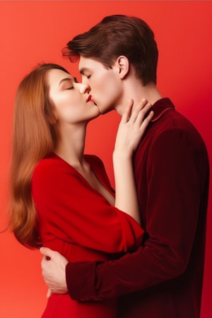 Indoor picture of fashionable young Caucasian couple dressed in trendy wear with flower pattern hugging each other posing isolated against red blank wall background with  : Generative AIの素材