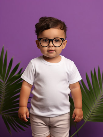 Indoor shot of self confident man with thick stubble keeps hands crossed wears transparent spectacles and white sweater looks directly at camera isolated over purple back : Generative AIの素材