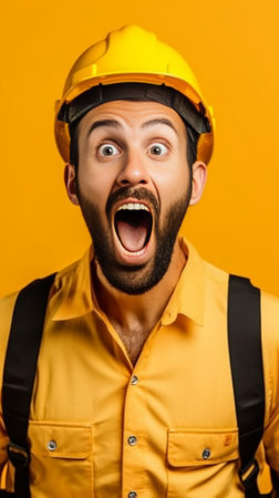 Headshot of bearded super crazy adult man clenches teeth closes eyes has wide opened mouth wears casual shirt isolated over vivid yellow background People emotions face e : Generative AIの素材