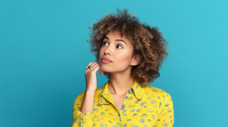 Hmm I have no idea Puzzled attractive curly Afro American woman spreads hands sideways wears casual yellow loose jumper purses lips models over blue background feels apat : Generative AIの素材