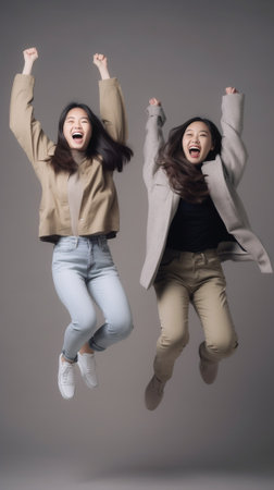 Isolated shot of cheerful women of different race point with both index fingers upwards show free space above heads dressed in beige sweaters have pleasant smiles on face : Generative AIの素材