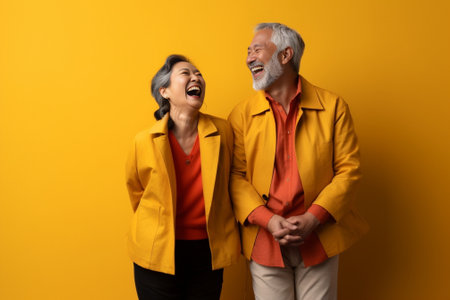 Happy senior couple use mobile phones at home have pleasant talk wear casual clothes pose against vivid yellow background Family at home modern technologies and online co : Generative AIの素材