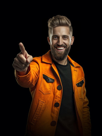 Horizontal shot of cheerful bearded man dressed in elegant clothes uses modern technologies indicates with thumb aside at blank copy space poses against chalk black wall  : Generative AIの素材