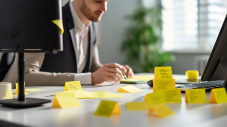 Indoor shot of surprised bearded man stunned to hear shocking news poses at desktop with papers sticky notes and blueprints around makes report isolated over yellow backg : Generative AIの素材