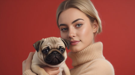 Indignant displeased young woman frowns face and looks discontent at camera hears bad news from vet about pet disease holds pedigree pug dog poses against beige backgroun : Generative AIの素材