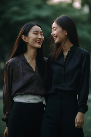 Homosexuality and lifestyle concepts Beautiful student females walking outdoors keeping thier hands together having good mood while meeting each other Smiling lesbians wa : Generative AIの素材