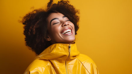 Overemotive cheerful dark skinned teenage girl laughs out loudly has fun and eats delcious frozen dessert holds cup of ice cream and spoon dressed in bright yellow clothe : Generative AIの素材