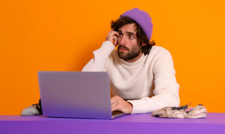 Horizontal shot of displeased man bites finger nails nervously worries before exam holds papers with notepad wears yellow hat and striped jumper poses on violet backgroun : Generative AIの素材