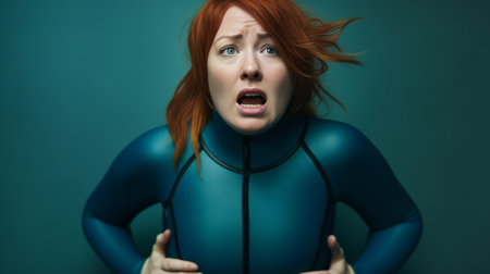 Impressed shocked red haired lifeguard works at beach uses lifebuoy for saving people wears striped sailor vest and green shorts stands indoor feels embarrassed Omg and w : Generative AIの素材