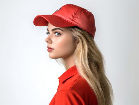 Nervous young long haired woman bites lips being fraid of something feels sorry for doing wrong thing has alarmed expression wears red hat and casual striped jumper isola : Generative AIの素材