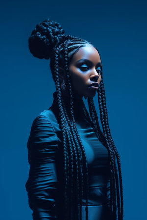 Photo of beautiful African American woman listens music with smartphone and headpones has thoughtful expression dressed in knitted jumpper isolated over blue background Q : Generative AIの素材