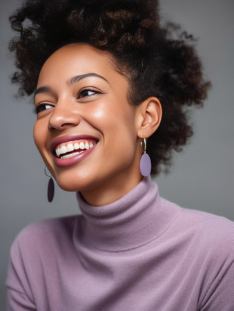 Joyful carefree young woman with Afro hair looks aside raises hand notices something nice expresses positive emotions wears leopard turtleneck and earrings isolated on pu : Generative AIの素材