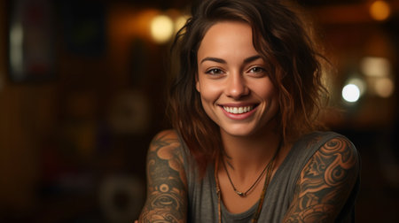 Nice closeup portrait of young European hipster girl with bunch of brown hair and tattoo Happy tricky cute woman with smiling face blinking at camera in a playful manner  : Generative AIの素材