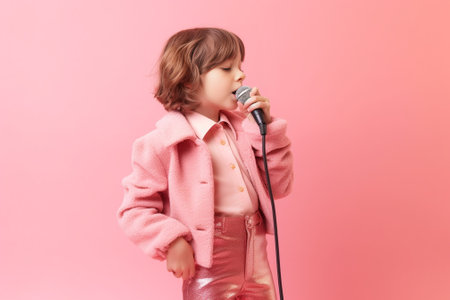 Indoor shot of happy young woman has curly hair dances and sings song keeps hand near hand near mouth as if microphone wears jacket with wool feathers trousers isolated o : Generative AIの素材
