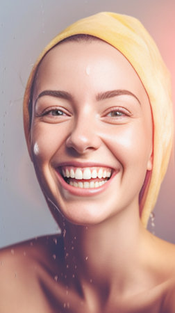 Isolated shot of pretty smiling Caucasian woman pampers face washes skin with foaming gel wears wrapped yellow towel on head cares about body isolated over pink backgroun : Generative AIの素材