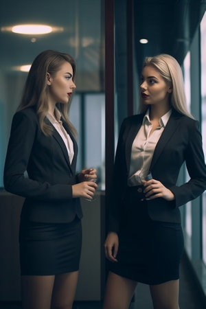 Lively conversation in queue Two unemployed attractive young women in strict clothing talking to each other at HR department and discussing their resumes while waiting th : Generative AIの素材