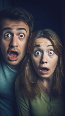 Human facial expressions emotions feelings reaction and attitude Indoor shot of shocked forgetful young Caucasian man and woman holding hands on heads and looking at came : Generative AIの素材