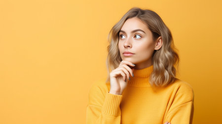 Let me think Doubtful pensive woman with thoughtful expression presses lips together keeps hand under chin plans something or makes choice poses against pink background w : Generative AIの素材