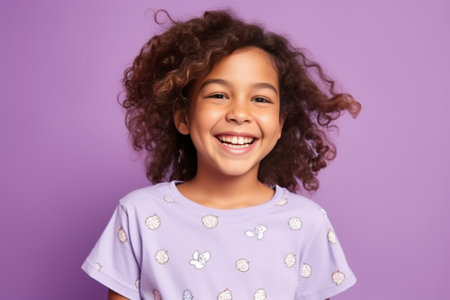 Overjoyed teenage girl poses with tasty pineapple on head grins happily shows white teeth keeps eyes closed foolishes around has curly bushy hair wears rosy jumper isolat : Generative AIの素材