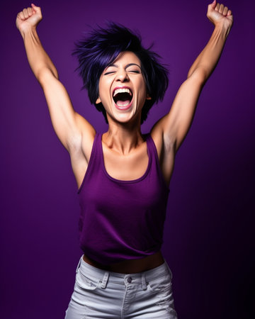 Life is wonderful Joyful dark skinned lady keeps fists clenched tilts head and exclaims in triumph celebrates success isolated over purple background with blank space for : Generative AIの素材