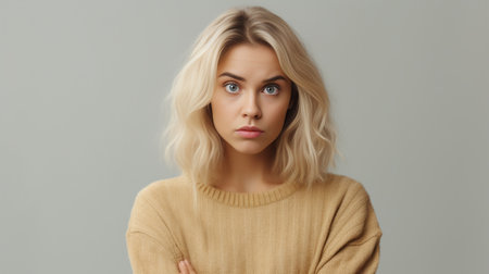 Human emotions and feeling concept Hesitant blonde pretty young woman shrug shoulders looks uncertain and confused about opportunity to change something in life and futur : Generative AIの素材