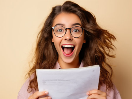 Isolated shot of overjoyed schoolgirl with dark hair has happy facial expression recieves good news from professor about geting grant wears spectacles for good vision and : Generative AIの素材