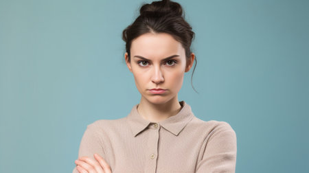 Portrait of aggravated sad woman with long face and healthy skin standing crossed hands expressing her dissatisfaction and disconent Insult teenager with placid look Peop : Generative AIの素材