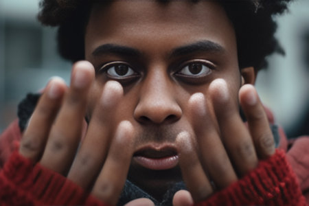 Photo of serious dark skinned man with sullen expression indicates with index finger directly at camera has displeased look dressed in red jumper holds textbooks purses l : Generative AIの素材