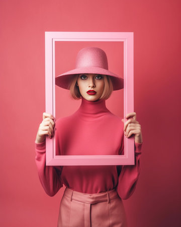 Indoor shot of dissatisfied woman has placid discontent facial expression purses lips in displeasure being in low spirit dressed in fashionable hat poses against pink bac : Generative AIの素材
