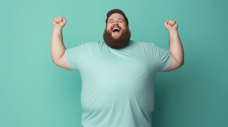 People nutrition body shape and healthy lifestyle concept Happy young plump chubby man with curly ginger hair and beard showing thumps up saying he is doing okay while hi : Generative AIの素材
