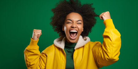 Portrait of overjoyed female clenches fists with happiness opens mouth widely as shouts loudly celebrates her success poses against yellow background Happy African woman  : Generative AIの素材