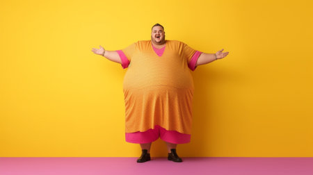 Obese funny man in yellow t shirt shows heavy metal sign attends concert of favorite music band has big belly tattooed arms and beard wears round glasses Overweight rock  : Generative AIの素材