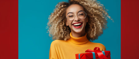 Isoated shot of cheerful dark skinned woman with crisp hair has broad smile wears red jumper believes in good luck isolated over blue background People ethnicity wish and : Generative AIの素材