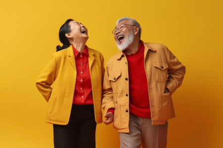 Photo of happy senior woman and man express positive emotions pose together being still in love isolated over blue background Smiling grandmother grandfather make family  : Generative AIの素材