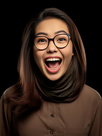 Joyful successful young European female artist or worker of creative profession wearing stylish round glasses and scarf around her neck looking at camera and grinning bro : Generative AIの素材
