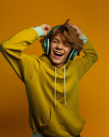 Overjoyed teenage girl feels cool dances with rhythm of music wears stereo headphones wears casual yellow jumper poses against urban bckground among skyscrapers Hobby and : Generative AIの素材