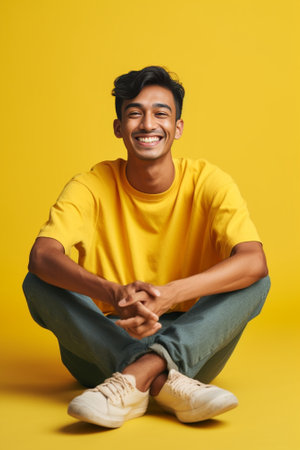 Omg how much work to do Nervous worried black young man stares with eyes popped out keeps hands on cheeks expresses great surprisement wears yellow t shirt stands near ba : Generative AIの素材