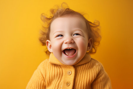 Little cute girl laughs happily feels glad to receive new toy doll from parents closes eyes has fun indoor wears hat with ears and loose knitted sweater isolated over yel : Generative AIの素材