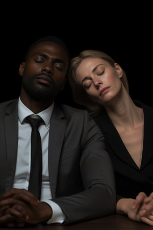 Mutiethnic friendship concept Thoughtful doubtful Caucasian woman and handsome black man hold chins have puzzled expressions think on startup project collaborate together : Generative AIの素材