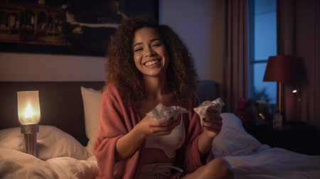 Overjoyed curly woman has upbeat mood points at inflated doll has imaginary friend stays in bed works on freelance project enjoys cozy domestic atmosphere covered with bl : Generative AIの素材