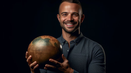 Indoor shot of unsahven tourist embraces globe with cheerful expression demonsrtates his love to travelling happy to explore many countries and their traditions isolated  : Generative AIの素材