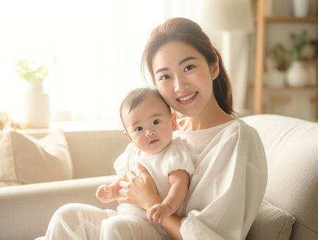 Mother and baby laugh together at home They are sitting on the sofe in a brightly lit living room at the weekend together lazy morning warm and cozy scene Selective focus : Generative AIの素材