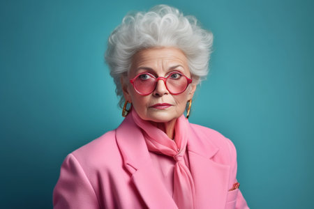 Horizontal shot of serious wise elderly woman has curly grey hair wrinkled face keeps hands together makes photo for family album wears glasses poses over pink background : Generative AIの素材