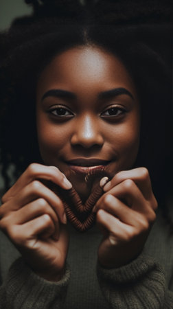 Photo of emotional dark skinned female touches heart with both palms demonstrates thankful gesture has good natured expression expresses great sympathy gratitude with hon : Generative AIの素材