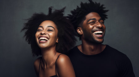 Photo of happy Afro American young woman leans at shoulder of husband smile happily have dark skin pleased to have healthy sleep and weekend isolated over blue background : Generative AIの素材