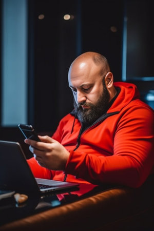 Photo of dissatisfied bearded male holds modern cell phone reads negative news online on web site recieves message of reminding to pay bills wears red clothes isolated ov : Generative AIの素材