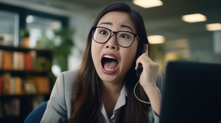 Portrait of a young irritated businesswoman wearing glasses and shirt looking with anger at camera Headshot of an outraged female boss shouting on cell phone while workin : Generative AIの素材