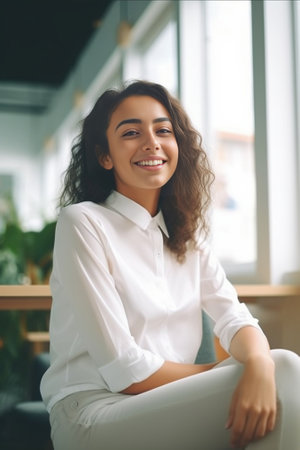 Pleasant looking glad woman with curly hair smiles pleasantly at camera wears white clothing does paper work sits at desktop happy to hear good news prepares for formal m : Generative AIの素材